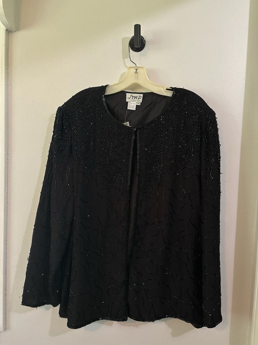 JMD New York Vintage Black Silk Sheer Beaded Evening Party Open Jacket 1X